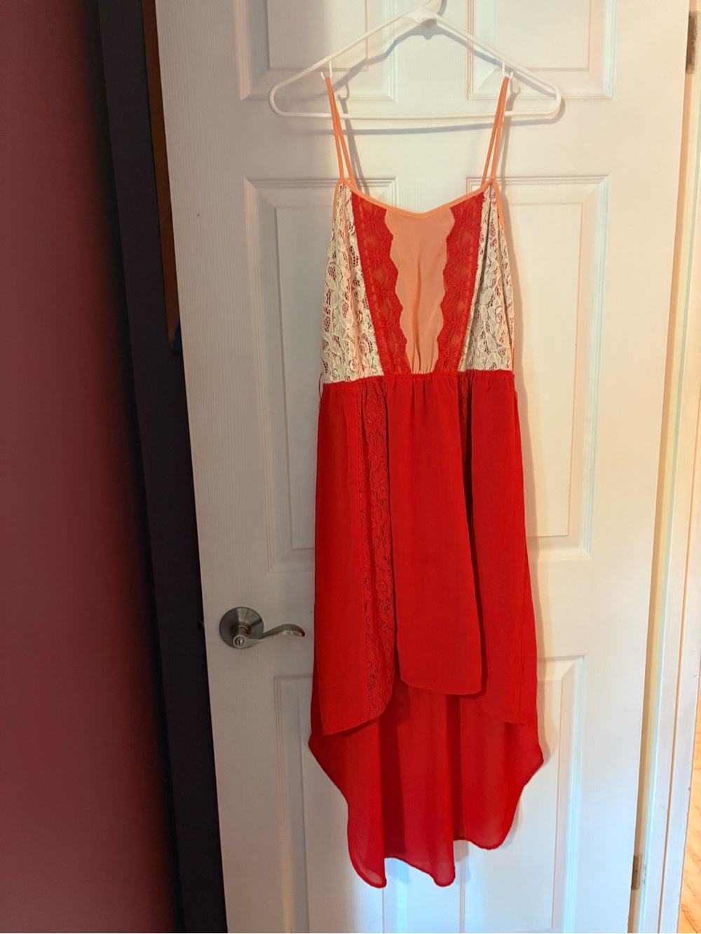 Buckle Red Lace-Accent High-Low Slip Dress